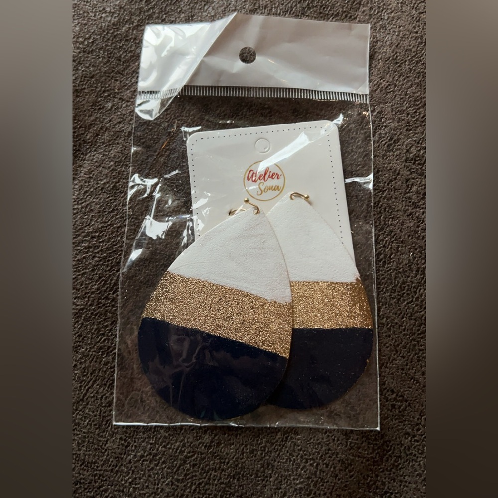 Atelier Sona White/Gold/Navy Tear Drop Earrings - Picture 3 of 8